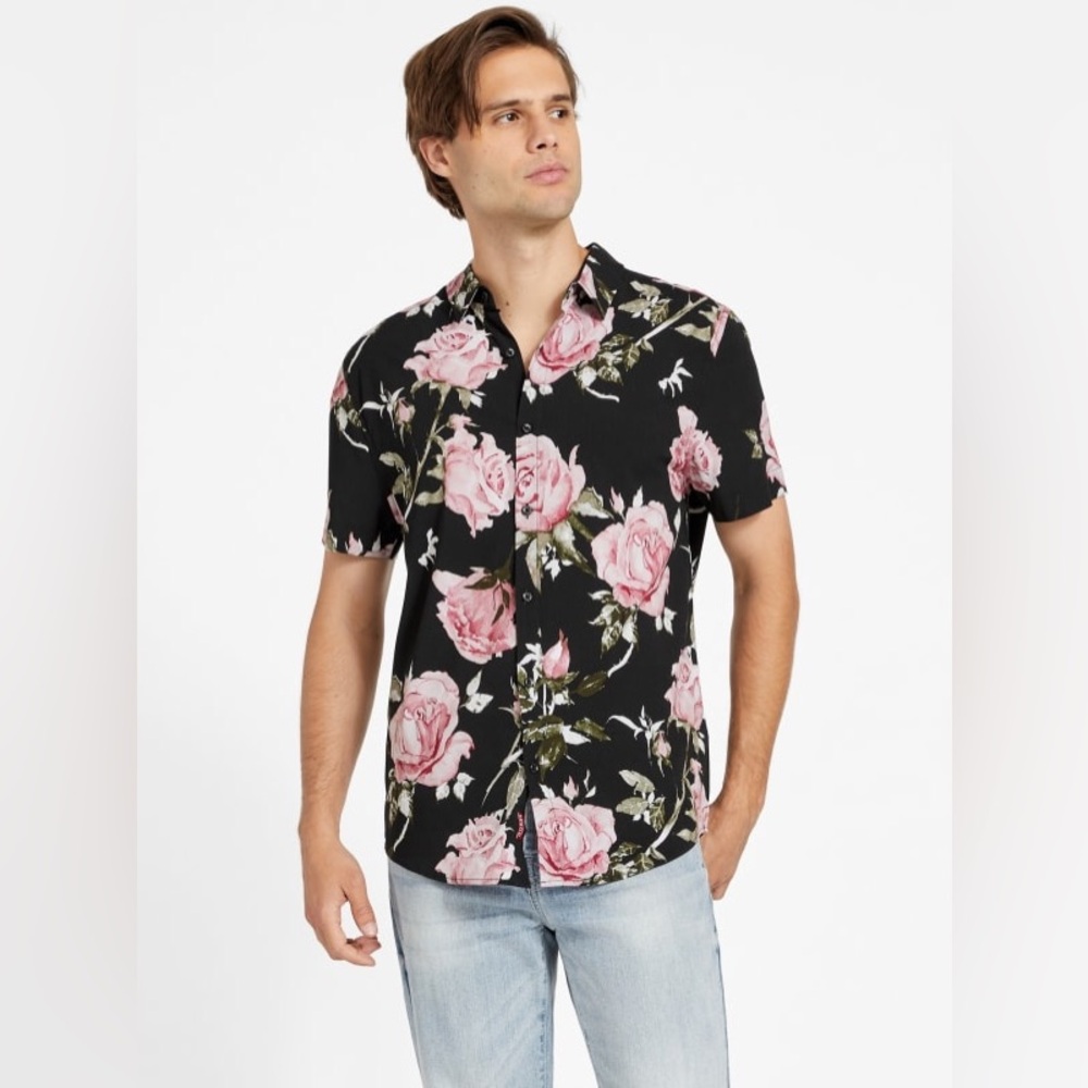 Guess Bane Rose Floral Boho Spring Summer Beach Vacation Shirt Sz M
